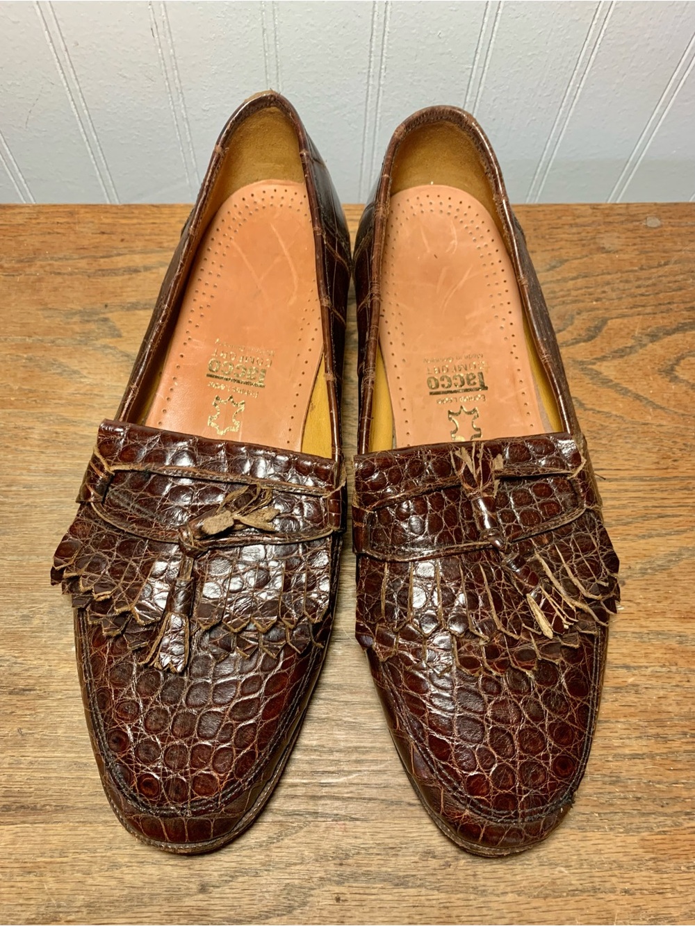 Vintage Mens Custom Italian Leather crocodile Embossed Tassel Loafers 10-11